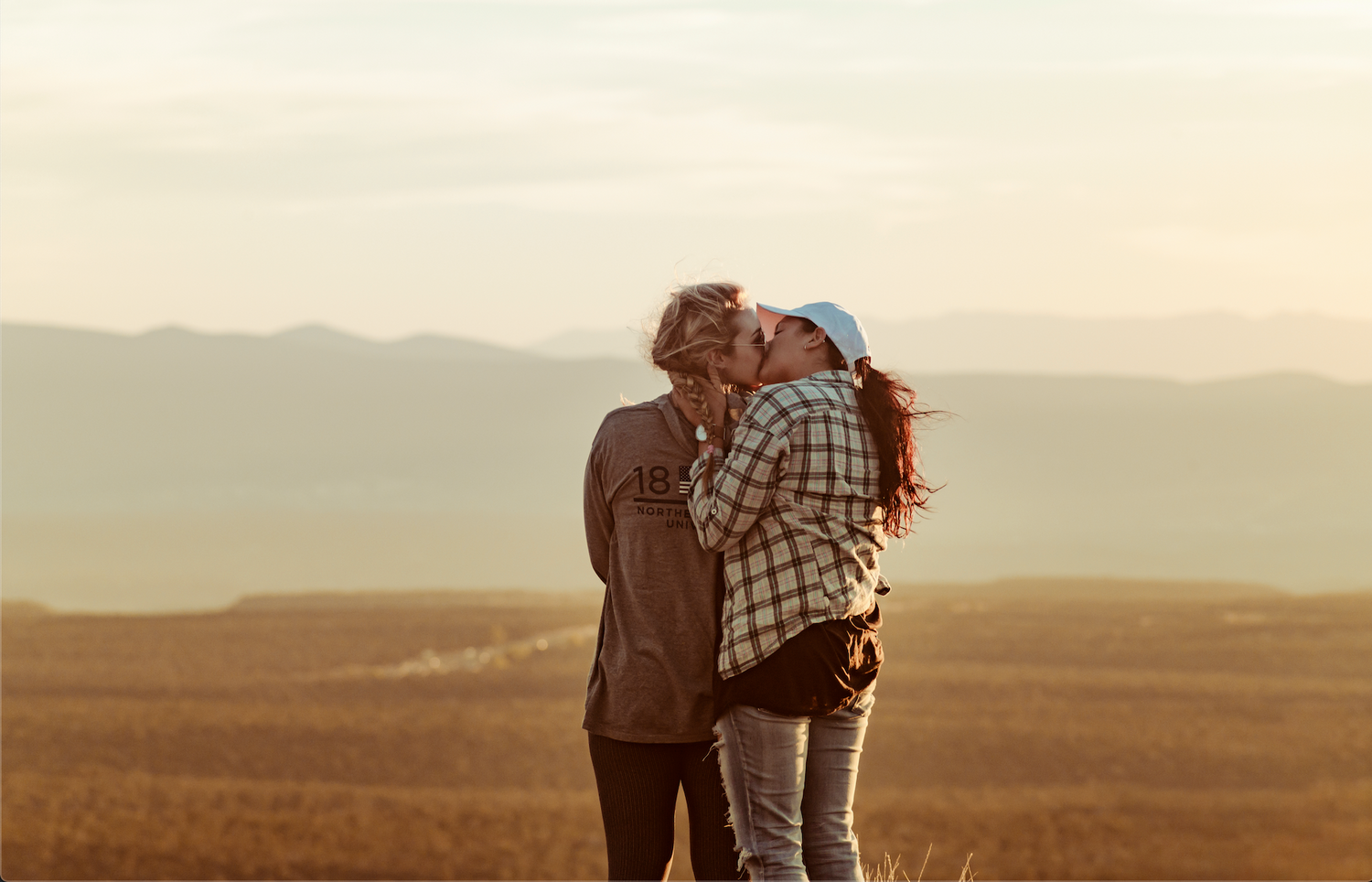 Lesbian Women in camping apparel kissing