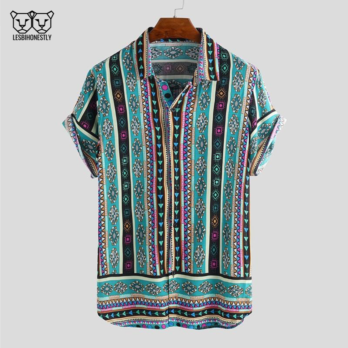 Button up shirt with a turquoise, pink and yellow southwestern print