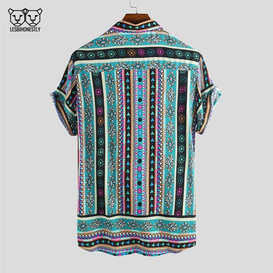 The back of a button up shirt with a turquoise, pink and yellow southwestern print