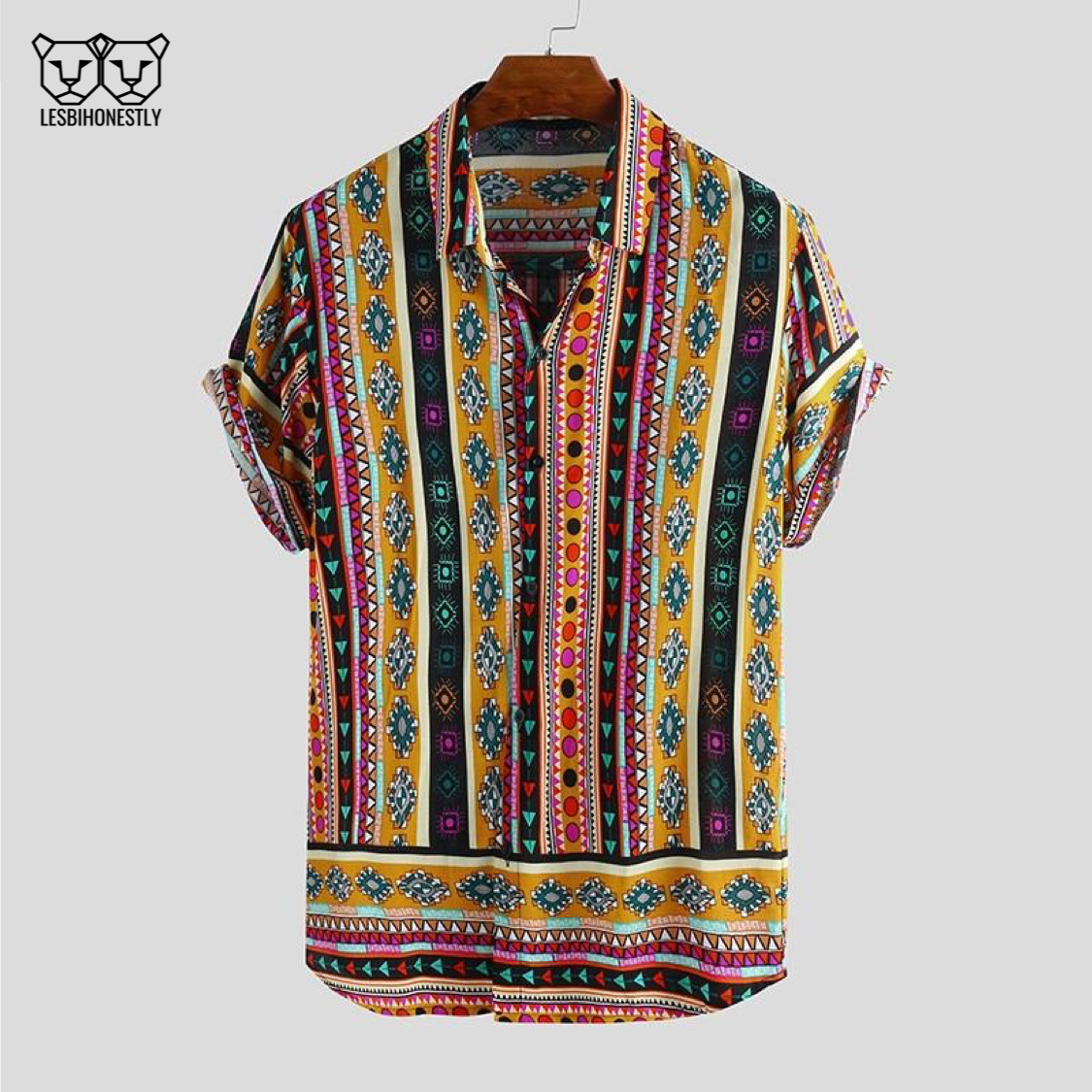 Button up shirt with a yellow, pink and black southwestern print