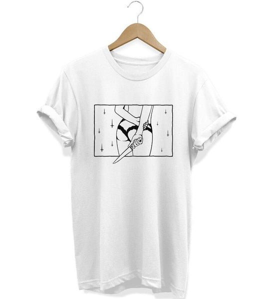 T-shirt with an outlined drawing of a woman holding a knife behind her back