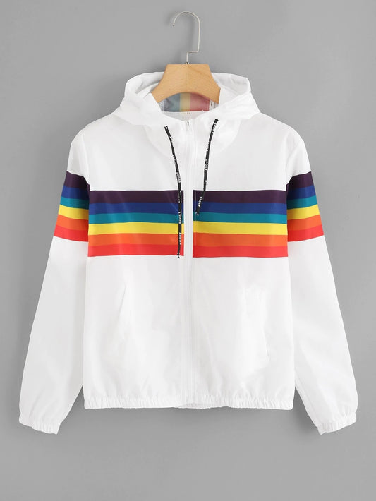 White windbreaker with rainbow across the chest and sleeves